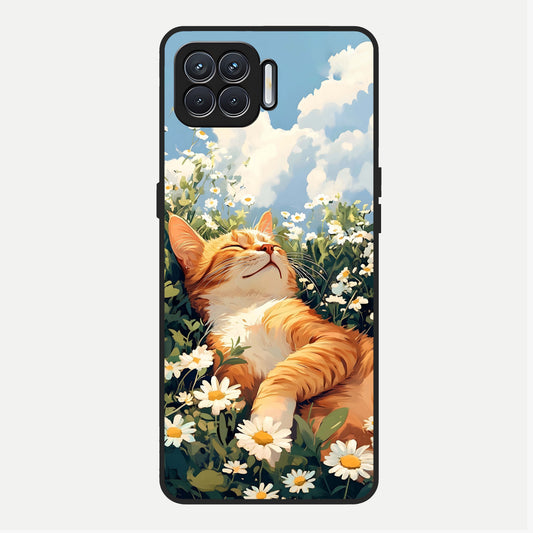  Cat And Flowers View Glass Case For Oppo F17 back cover – full design glossy printed glass finish
