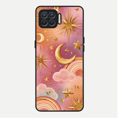  Golden Celestial Dreams Glass Case For Oppo F17 back cover – full design glossy printed glass finish