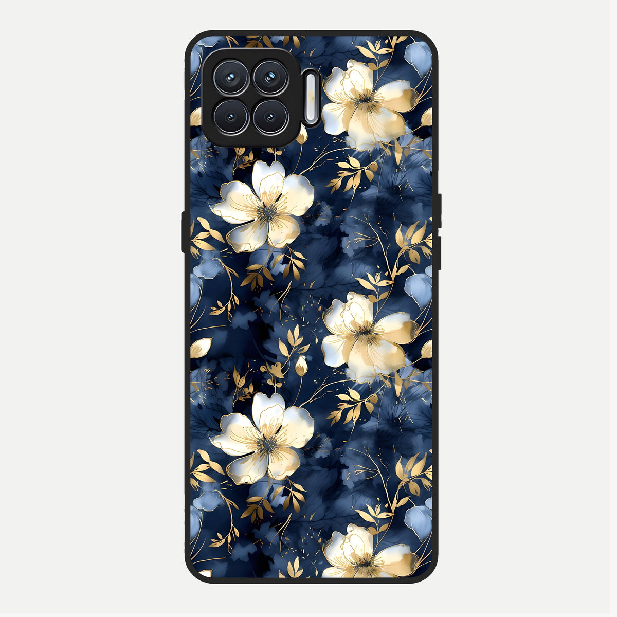  Golden Midnight Bloom Glass Case For Oppo F17 back cover – full design glossy printed glass finish