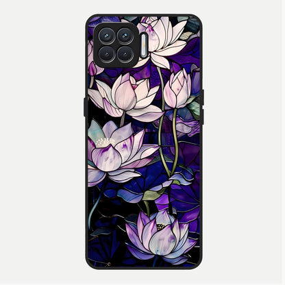  Purple Lotus Pattern Glass Case For Oppo F17 back cover – full design glossy printed glass finish