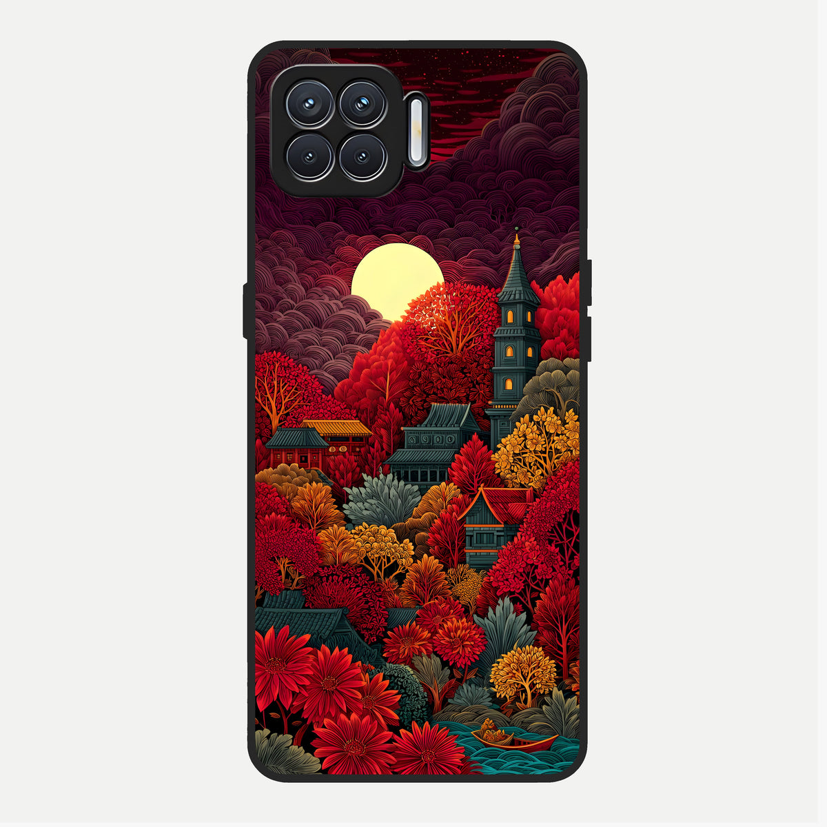  Scarlet Autumn Temple Glass Case For Oppo F17 back cover – full design glossy printed glass finish