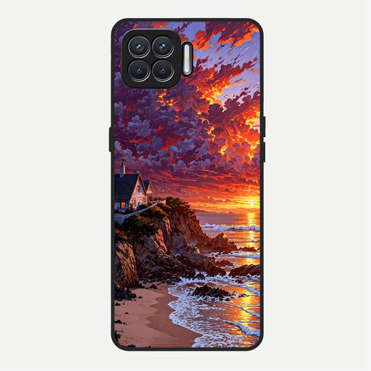  Sunset House By Sea Glass Case For Oppo F17 back cover – full design glossy printed glass finish