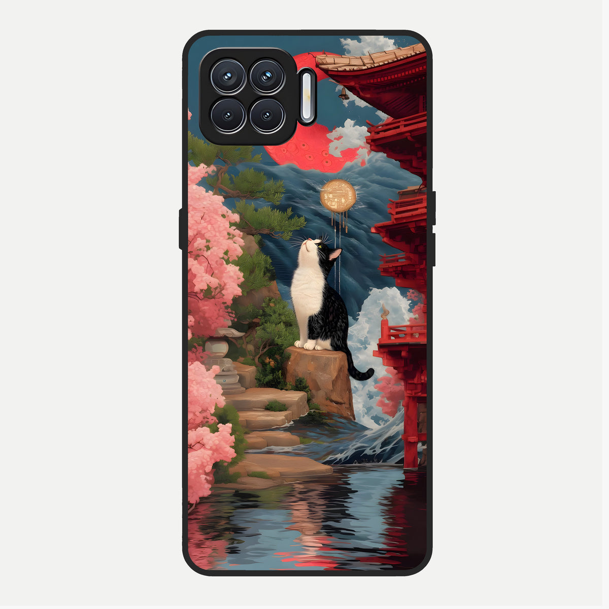  Temple Cat Scenery Glass Case For Oppo F17 back cover – full design glossy printed glass finish
