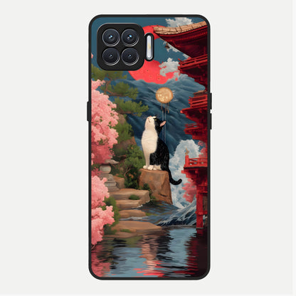  Temple Cat Scenery Glass Case For Oppo F17 back cover – full design glossy printed glass finish