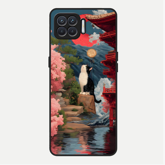  Temple Cat Scenery Glass Case For Oppo F17 back cover – full design glossy printed glass finish