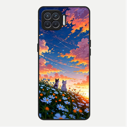  Two Cats Friends Glass Case For Oppo F17 back cover – full design glossy printed glass finish