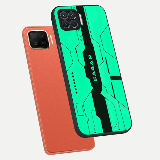  Aqua Tech CYBERPUNK Custom Name phone case For Oppo F17 showing premium glass back cover with detailed artwork