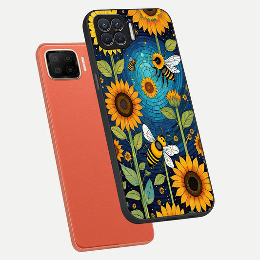  Bees And Sunflowers phone case For Oppo F17 showing premium glass back cover with detailed artwork
