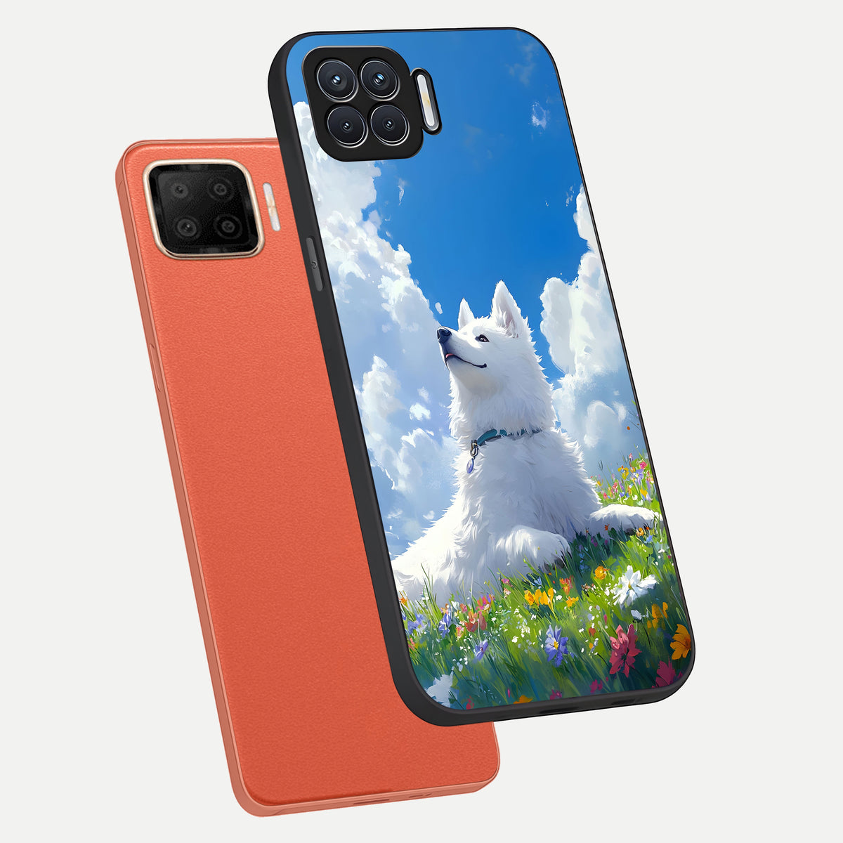  Blissful Cloud Pup phone case For Oppo F17 showing premium glass back cover with detailed artwork