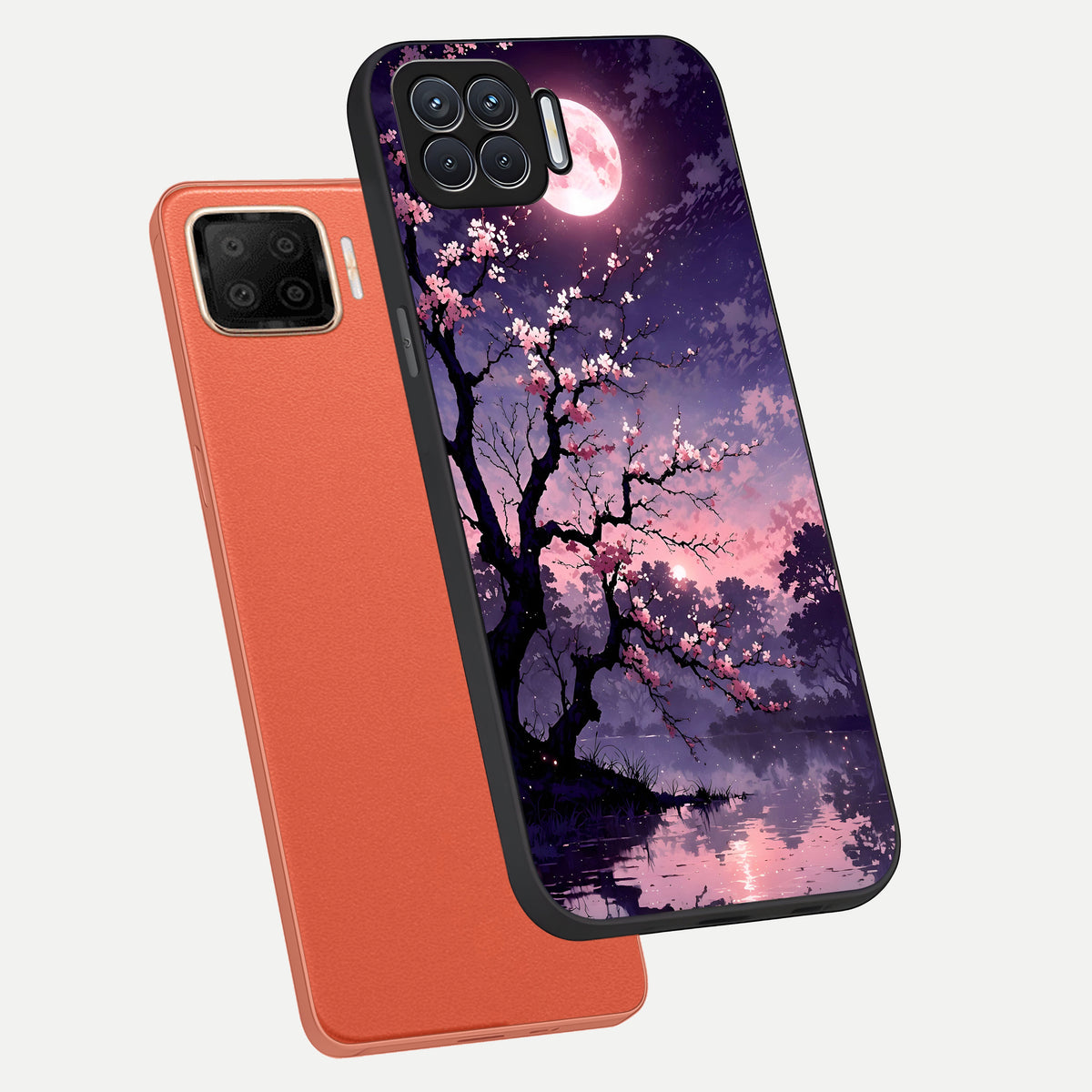  Blossom Pink Moon phone case For Oppo F17 showing premium glass back cover with detailed artwork