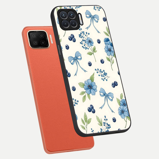  Blue Flower And Bow phone case For Oppo F17 showing premium glass back cover with detailed artwork