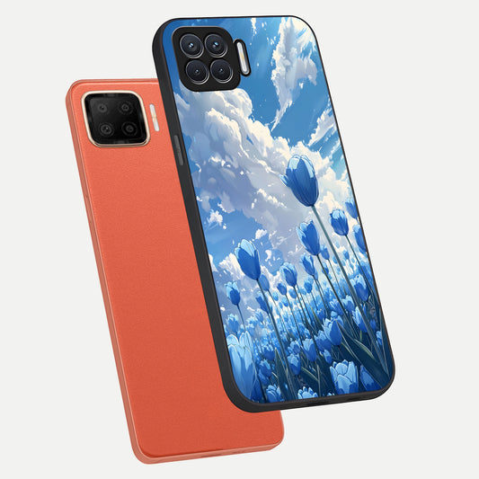  Blue Tulip Clouds phone case For Oppo F17 showing premium glass back cover with detailed artwork
