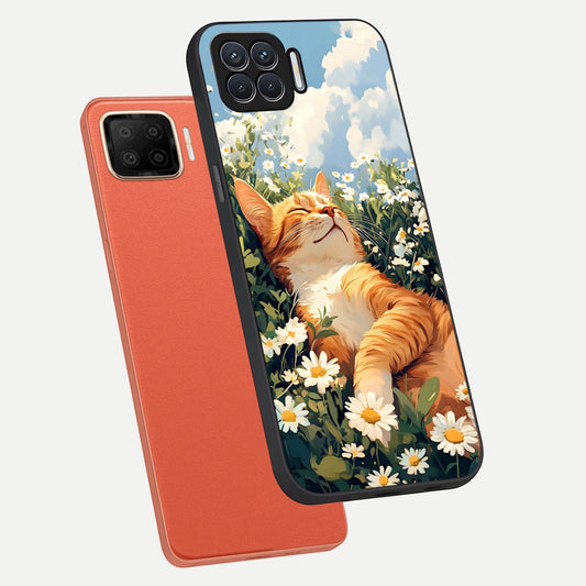  Cat And Flowers View phone case For Oppo F17 showing premium glass back cover with detailed artwork