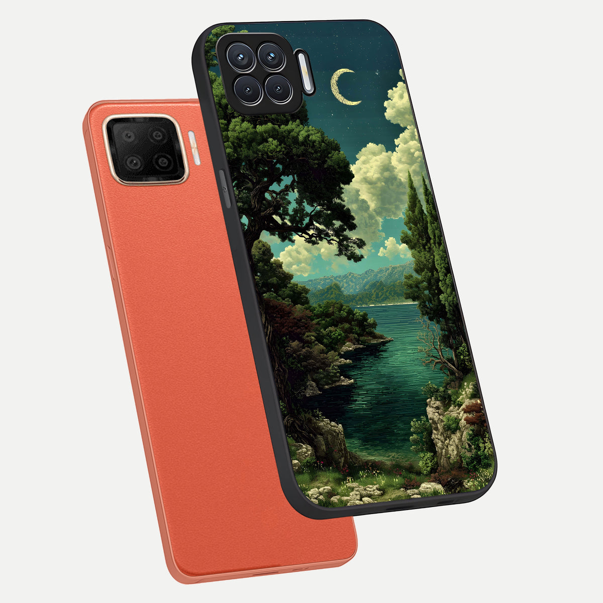  Celestial Lake Peace phone case For Oppo F17 showing premium glass back cover with detailed artwork