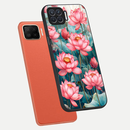  Celestial Pink Lotus phone case For Oppo F17 showing premium glass back cover with detailed artwork