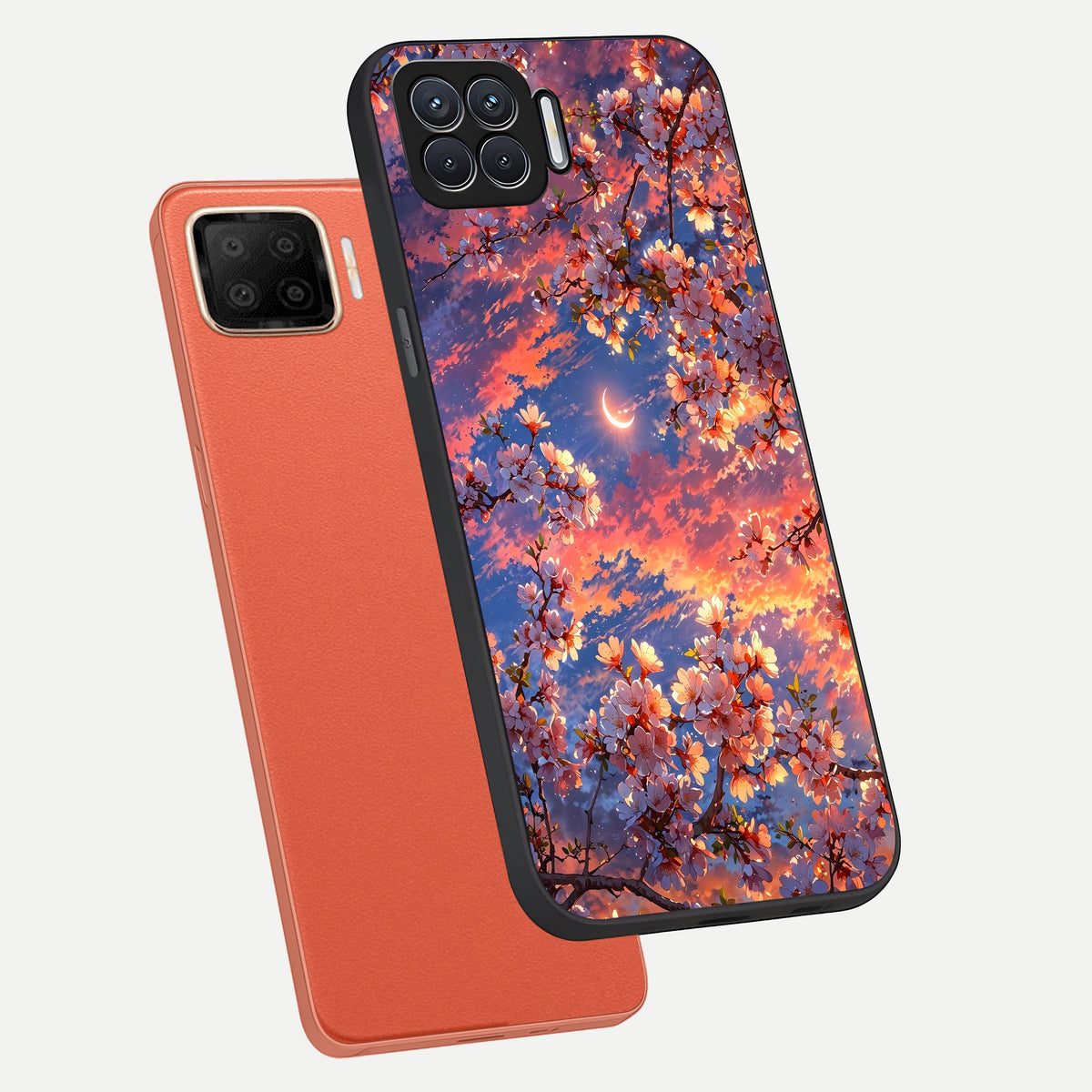  Celestial Sakura Sunset phone case For Oppo F17 showing premium glass back cover with detailed artwork