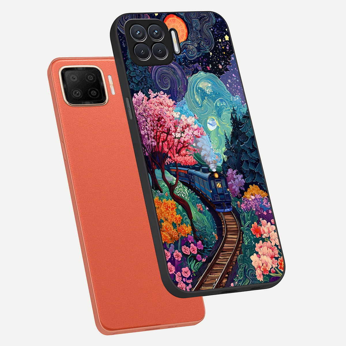  Celestial Train Journey phone case For Oppo F17 showing premium glass back cover with detailed artwork