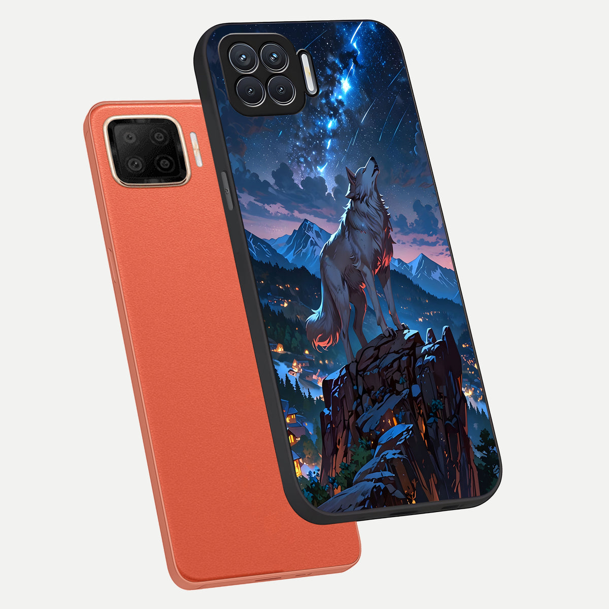  Celestial Wolf Howl phone case For Oppo F17 showing premium glass back cover with detailed artwork