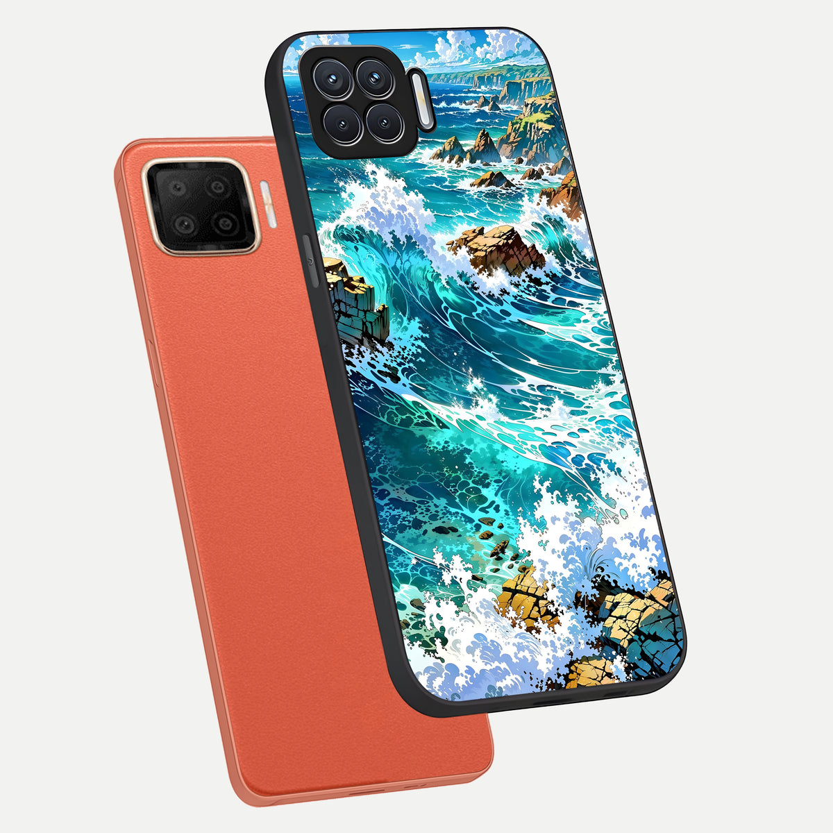  Coastal Blue Waves phone case For Oppo F17 showing premium glass back cover with detailed artwork