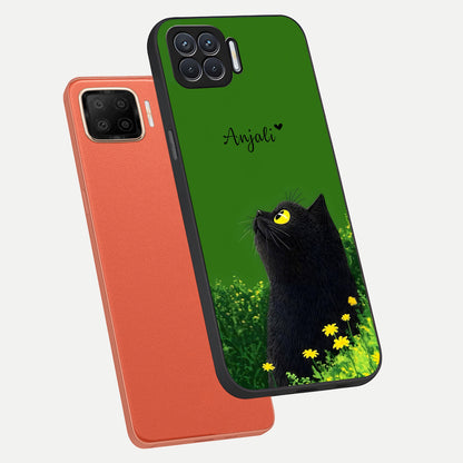  Emerald Cat Custom Name phone case For Oppo F17 showing premium glass back cover with detailed artwork