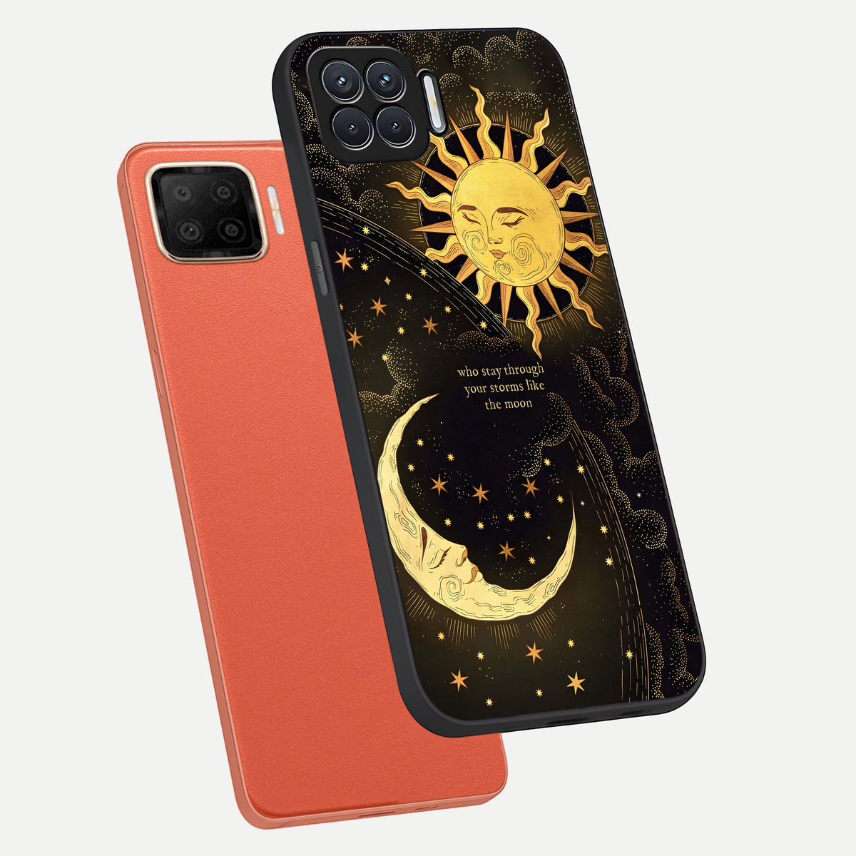  Golden Lunar Love phone case For Oppo F17 showing premium glass back cover with detailed artwork
