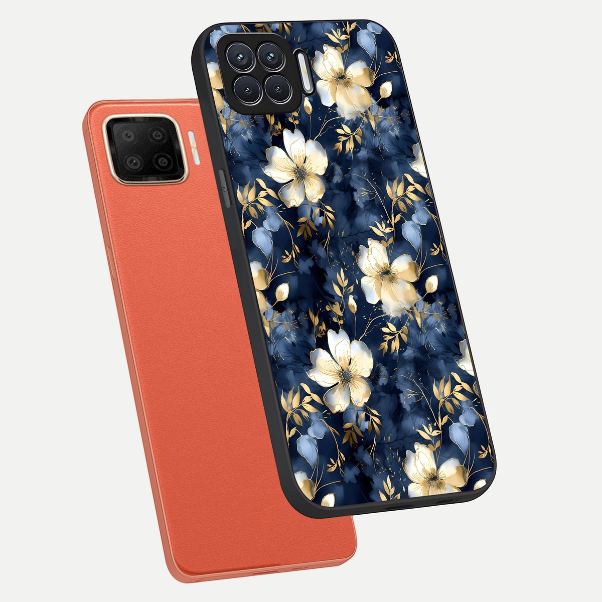  Golden Midnight Bloom phone case For Oppo F17 showing premium glass back cover with detailed artwork