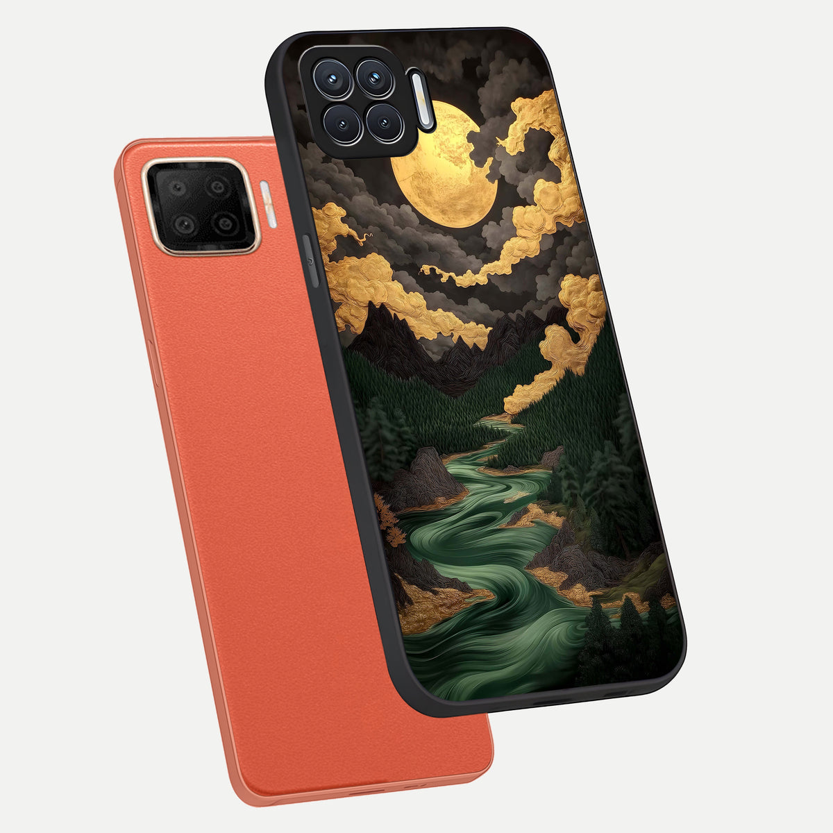  Golden River Moon phone case For Oppo F17 showing premium glass back cover with detailed artwork