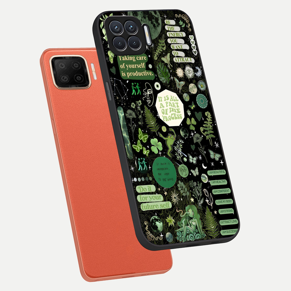 Green Mandala Pattern phone case For Oppo F17 showing premium glass back cover with detailed artwork
