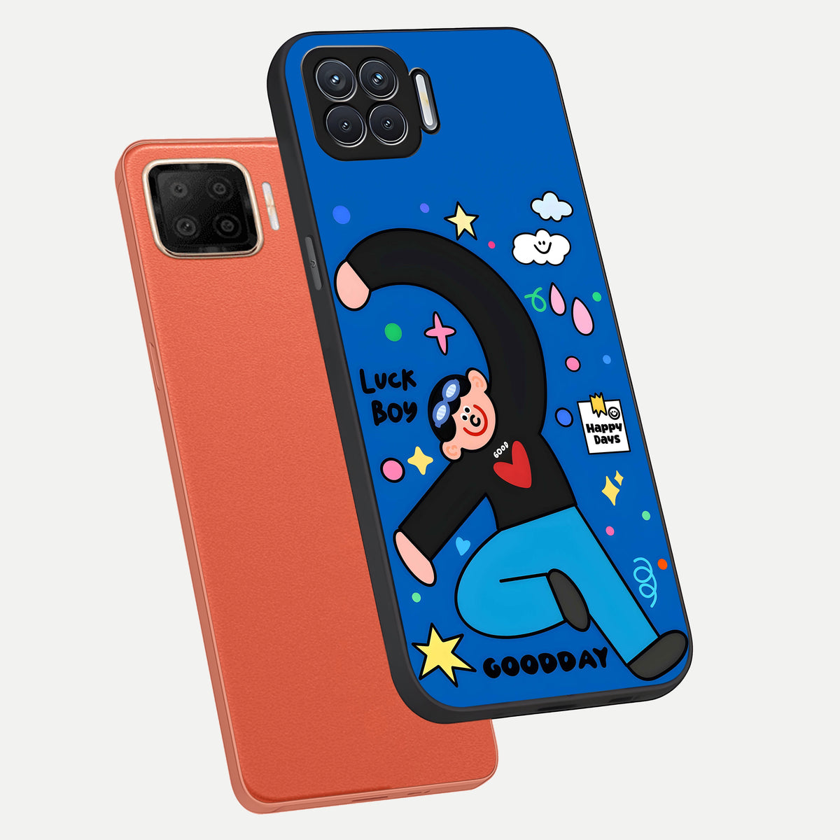  Happy Luck Vibe phone case For Oppo F17 showing premium glass back cover with detailed artwork