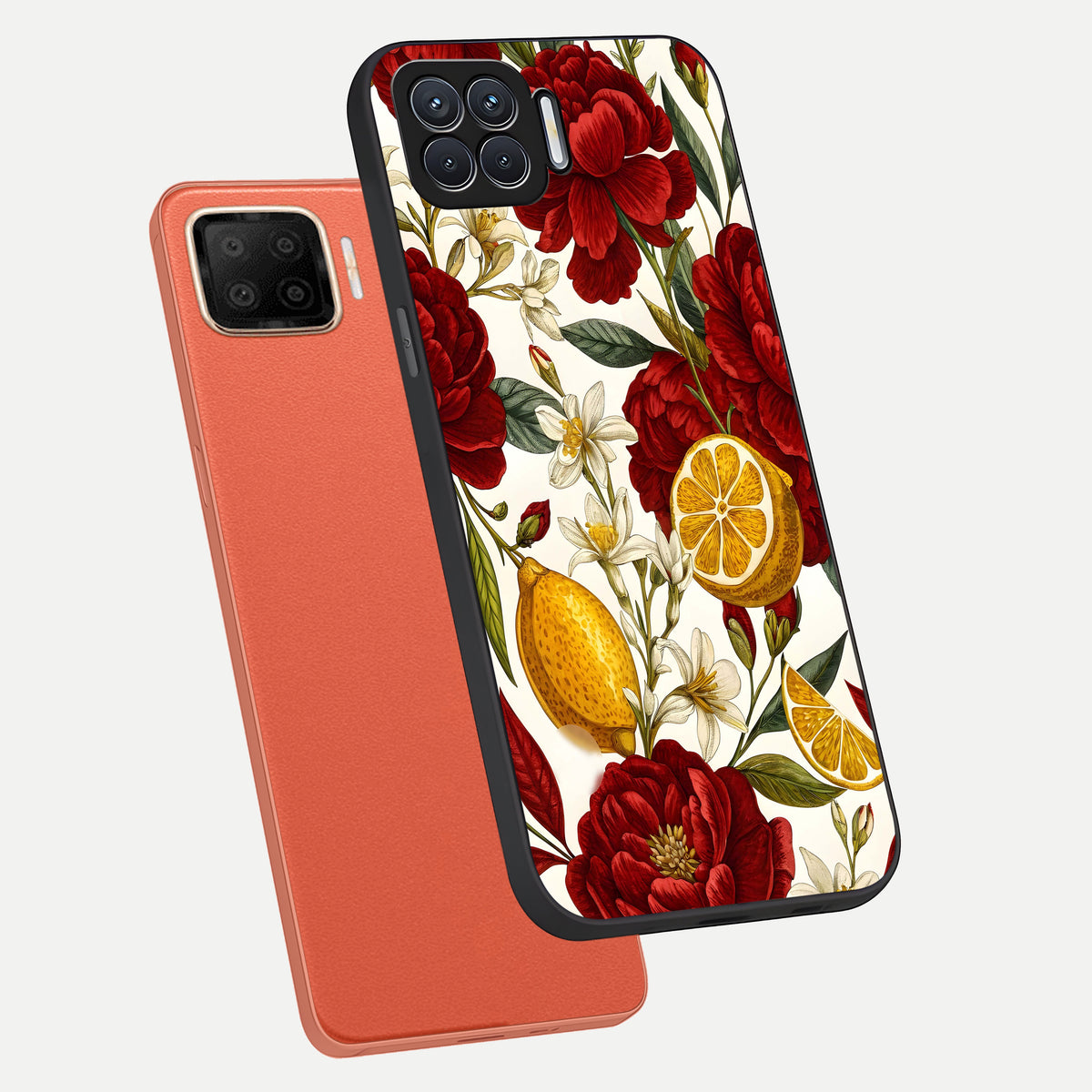  Lemon Rose Charm phone case For Oppo F17 showing premium glass back cover with detailed artwork