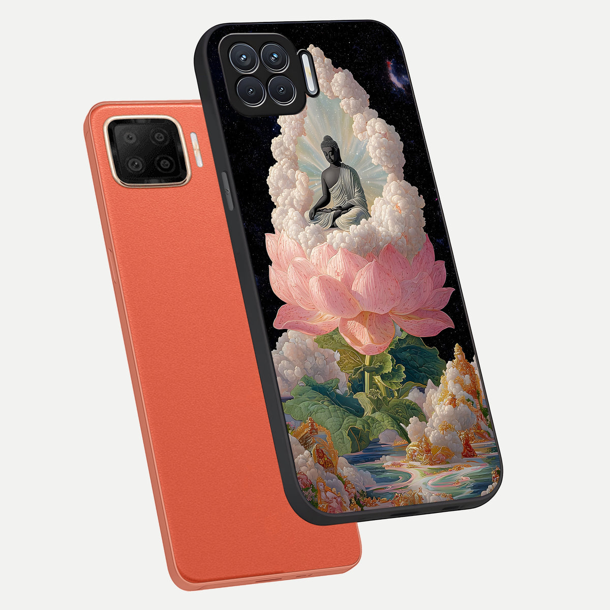 Lotus Divine Peace phone case For Oppo F17 showing premium glass back cover with detailed artwork