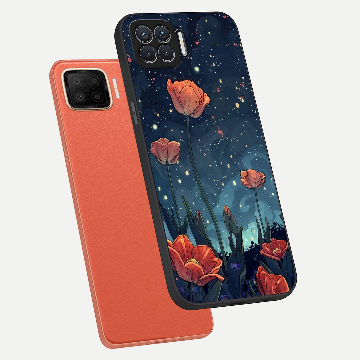  Midnight Tulip Glow phone case For Oppo F17 showing premium glass back cover with detailed artwork