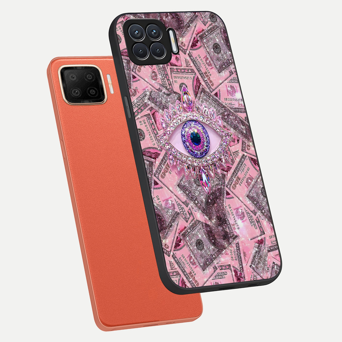  Money Eye Luxe phone case For Oppo F17 showing premium glass back cover with detailed artwork