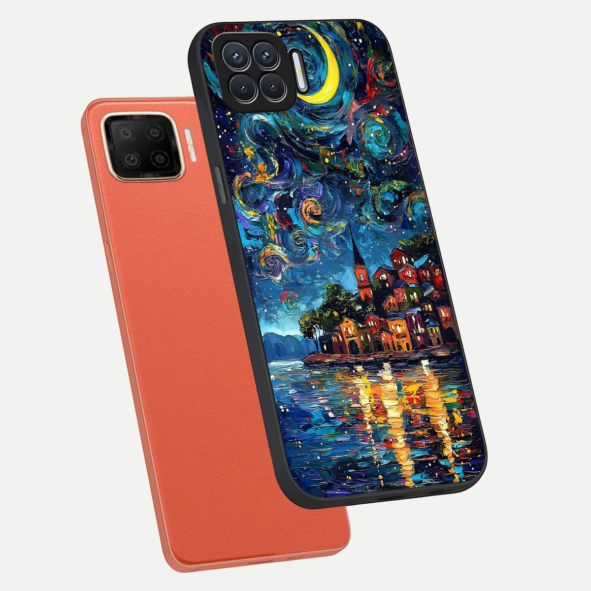  Moonlight Harbor Glow phone case For Oppo F17 showing premium glass back cover with detailed artwork