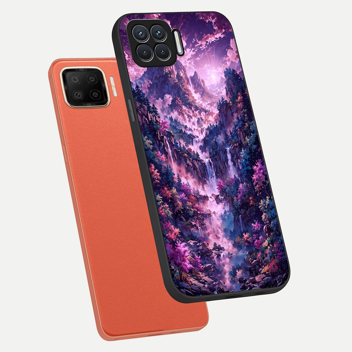  Mystic Cascade Peaks phone case For Oppo F17 showing premium glass back cover with detailed artwork