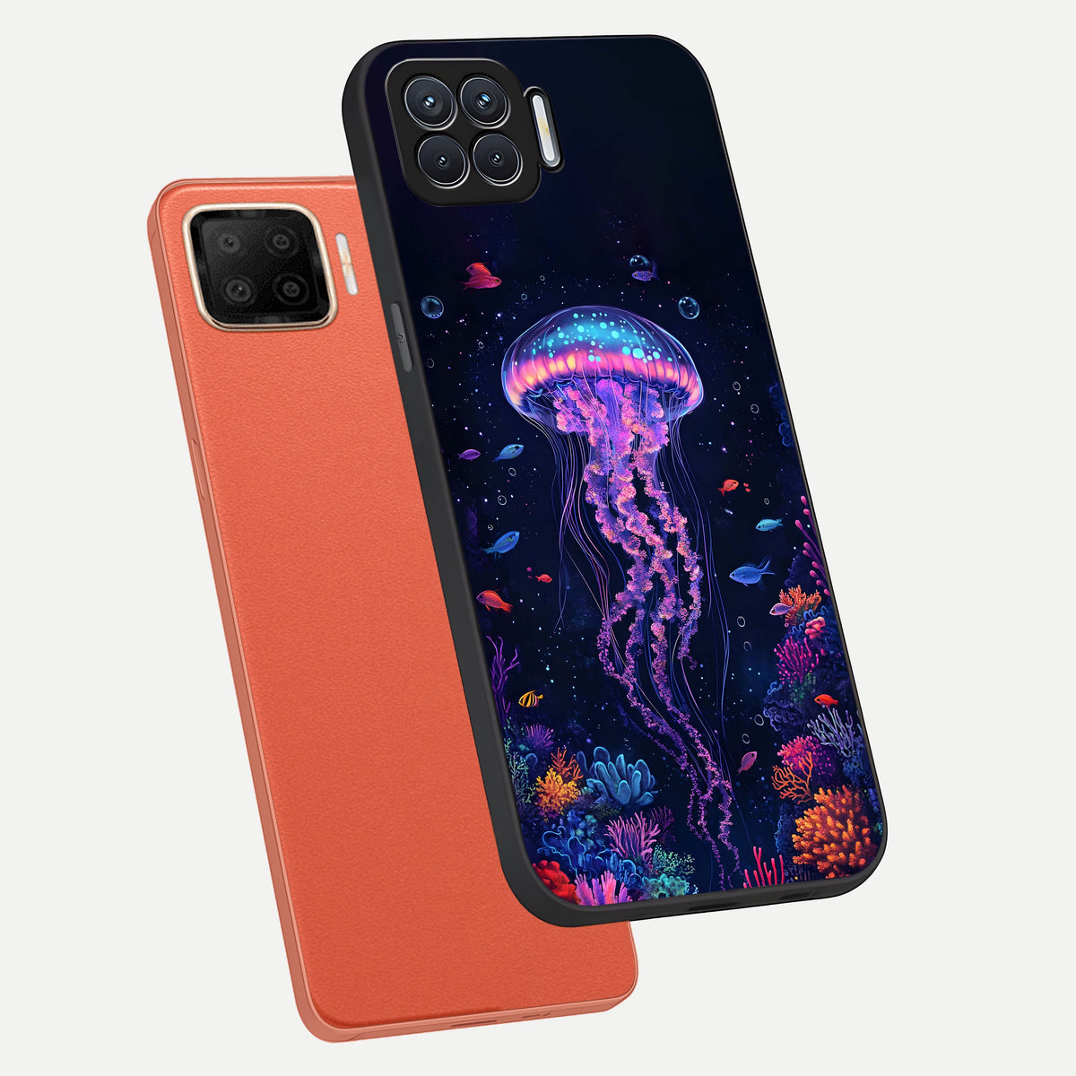  Neon Jellyfish phone case For Oppo F17 showing premium glass back cover with detailed artwork