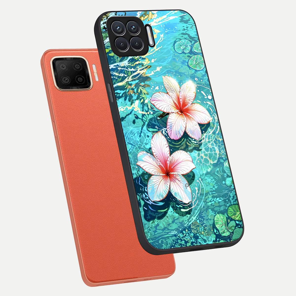  Pink Flowers in Water phone case For Oppo F17 showing premium glass back cover with detailed artwork