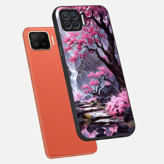  Pink Sunflower Glow phone case For Oppo F17 showing premium glass back cover with detailed artwork