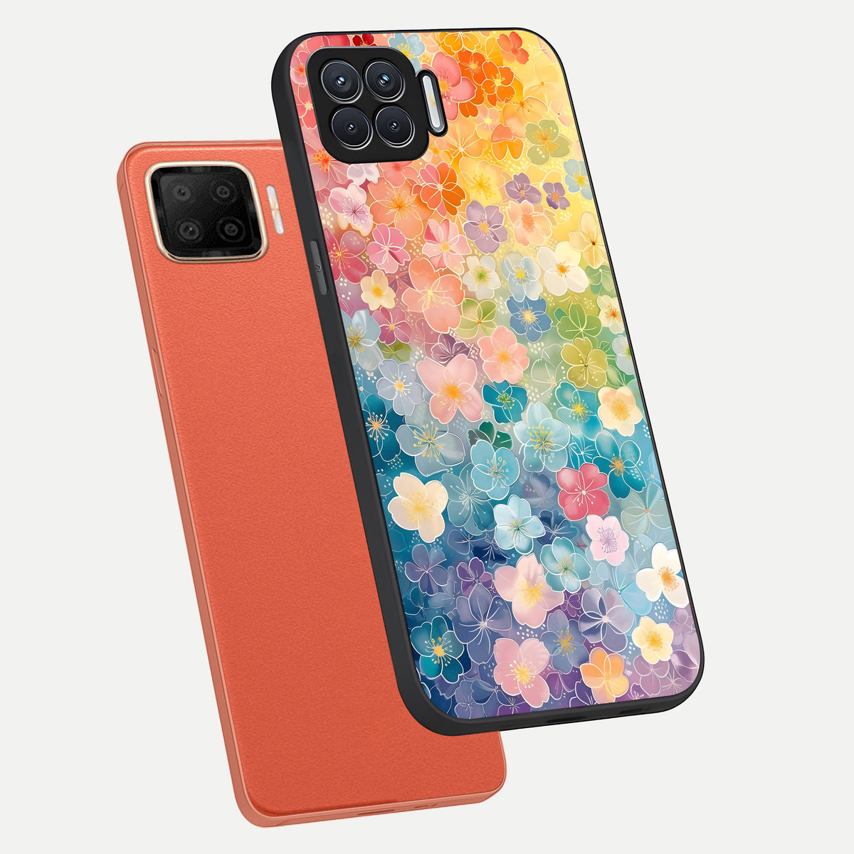  Rainbow Blossom Burst phone case For Oppo F17 showing premium glass back cover with detailed artwork