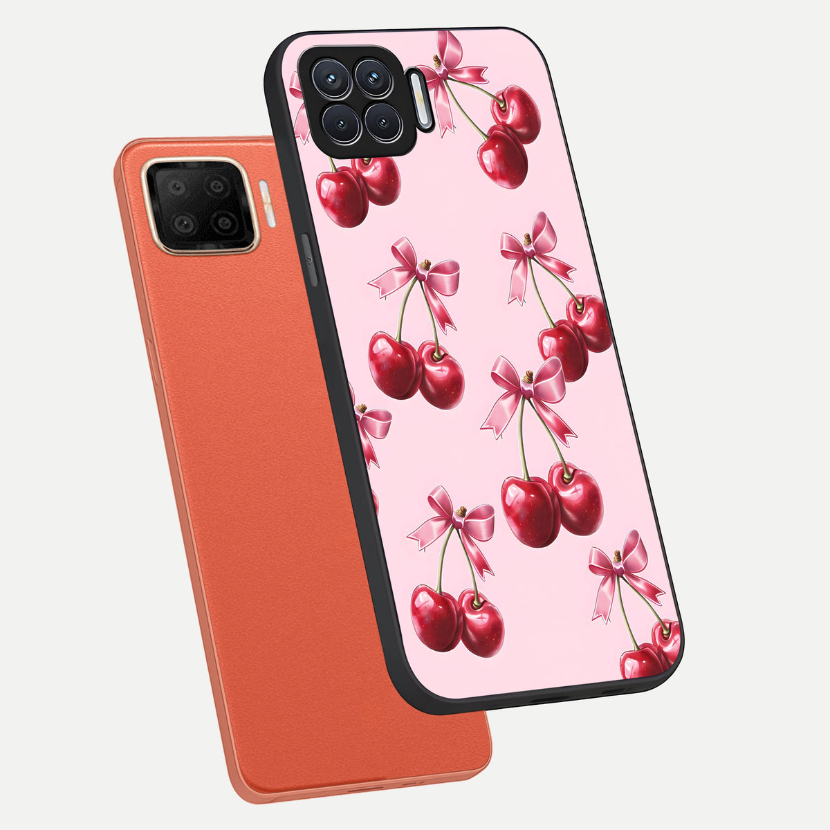  Red Cherries Pattern phone case For Oppo F17 showing premium glass back cover with detailed artwork