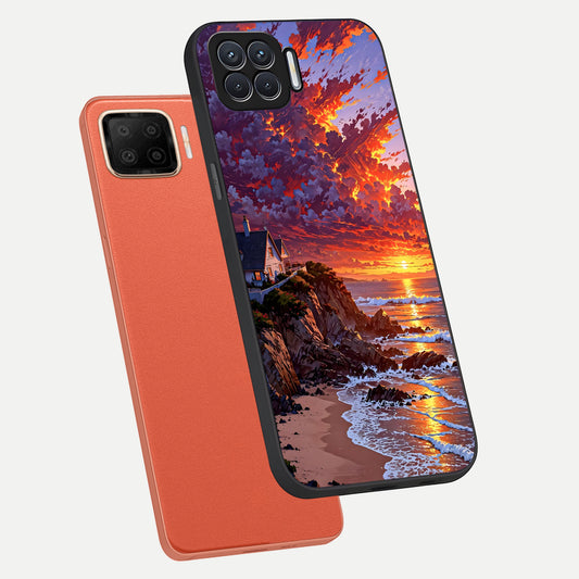 Sunset House By Sea phone case For Oppo F17 showing premium glass back cover with detailed artwork