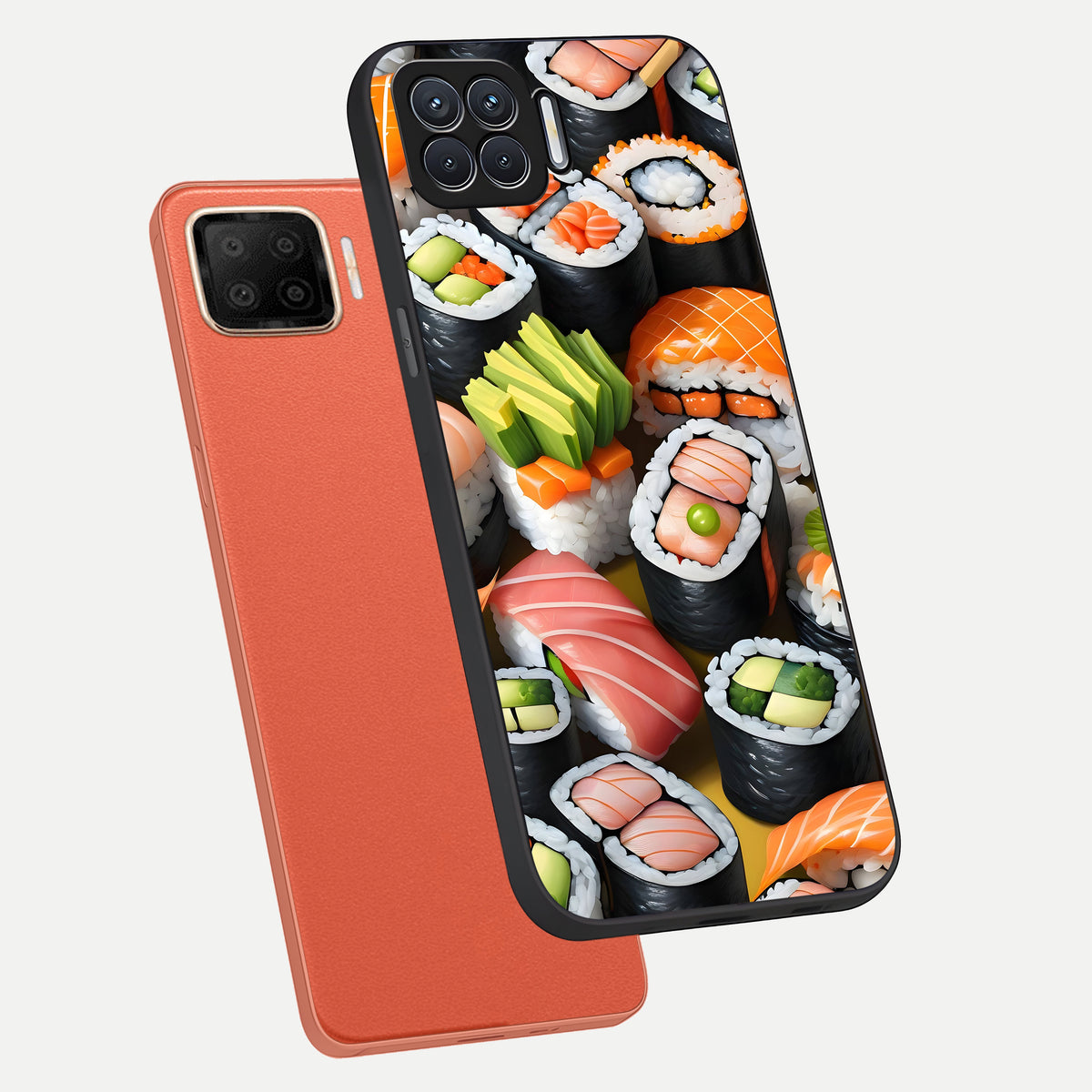  Sushi Food Pattern phone case For Oppo F17 showing premium glass back cover with detailed artwork