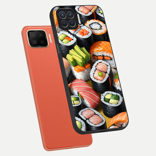  Sushi Food Pattern phone case For Oppo F17 showing premium glass back cover with detailed artwork