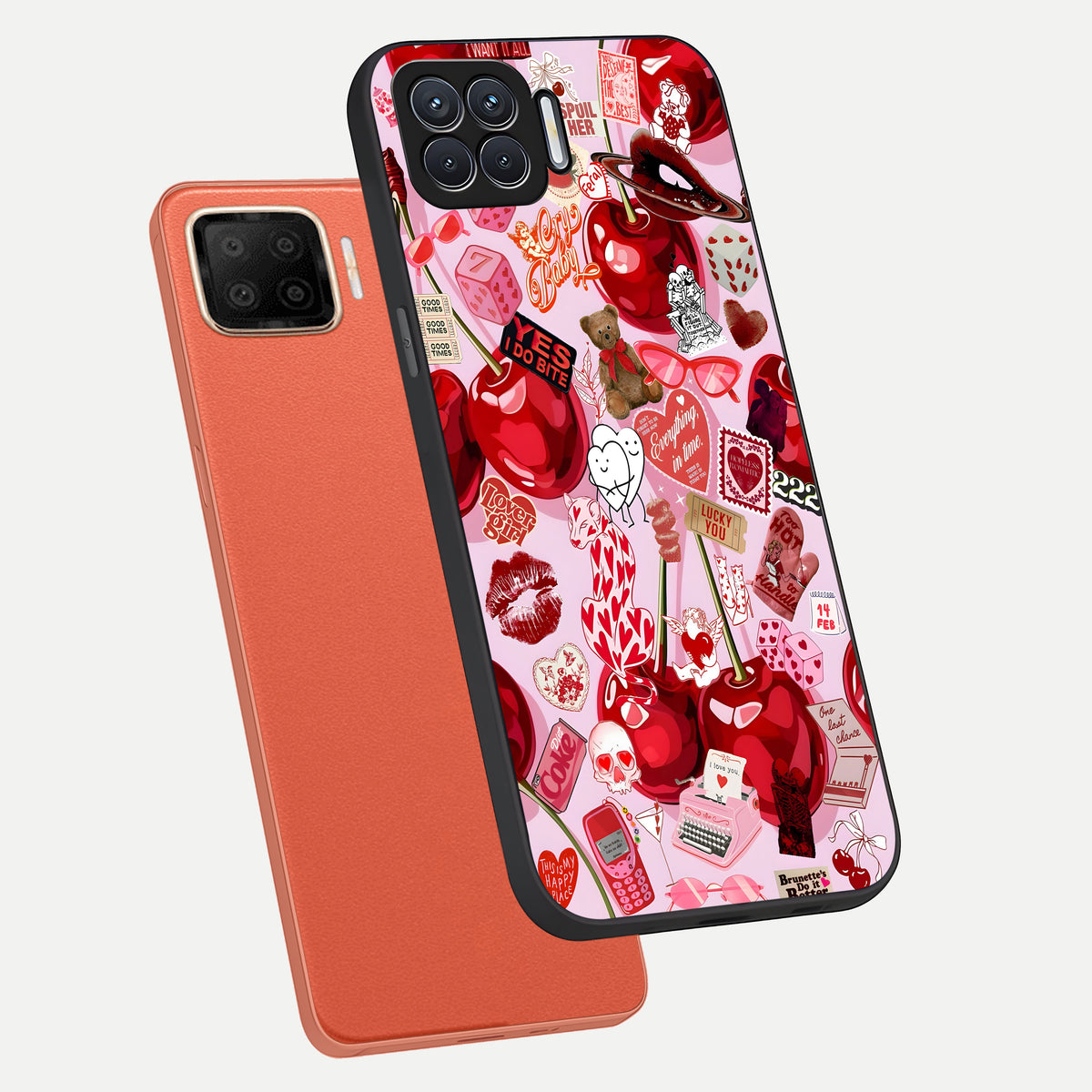  Sweet Cherry Chaos phone case For Oppo F17 showing premium glass back cover with detailed artwork