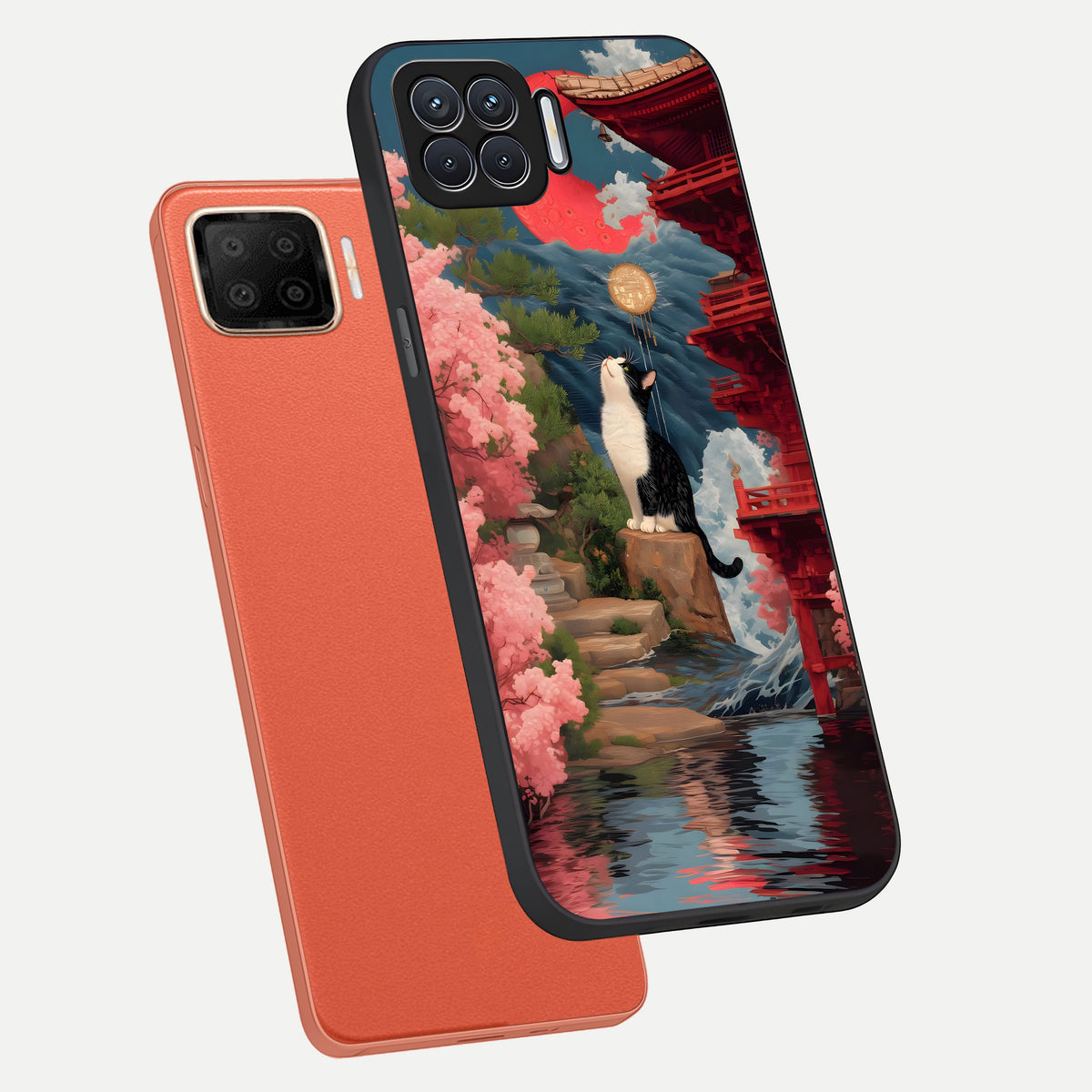  Temple Cat Scenery phone case For Oppo F17 showing premium glass back cover with detailed artwork
