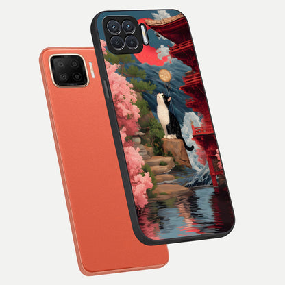  Temple Cat Scenery phone case For Oppo F17 showing premium glass back cover with detailed artwork
