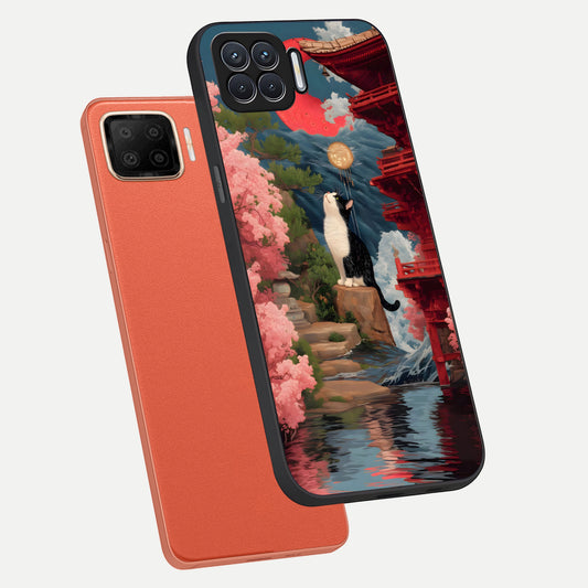  Temple Cat Scenery phone case For Oppo F17 showing premium glass back cover with detailed artwork