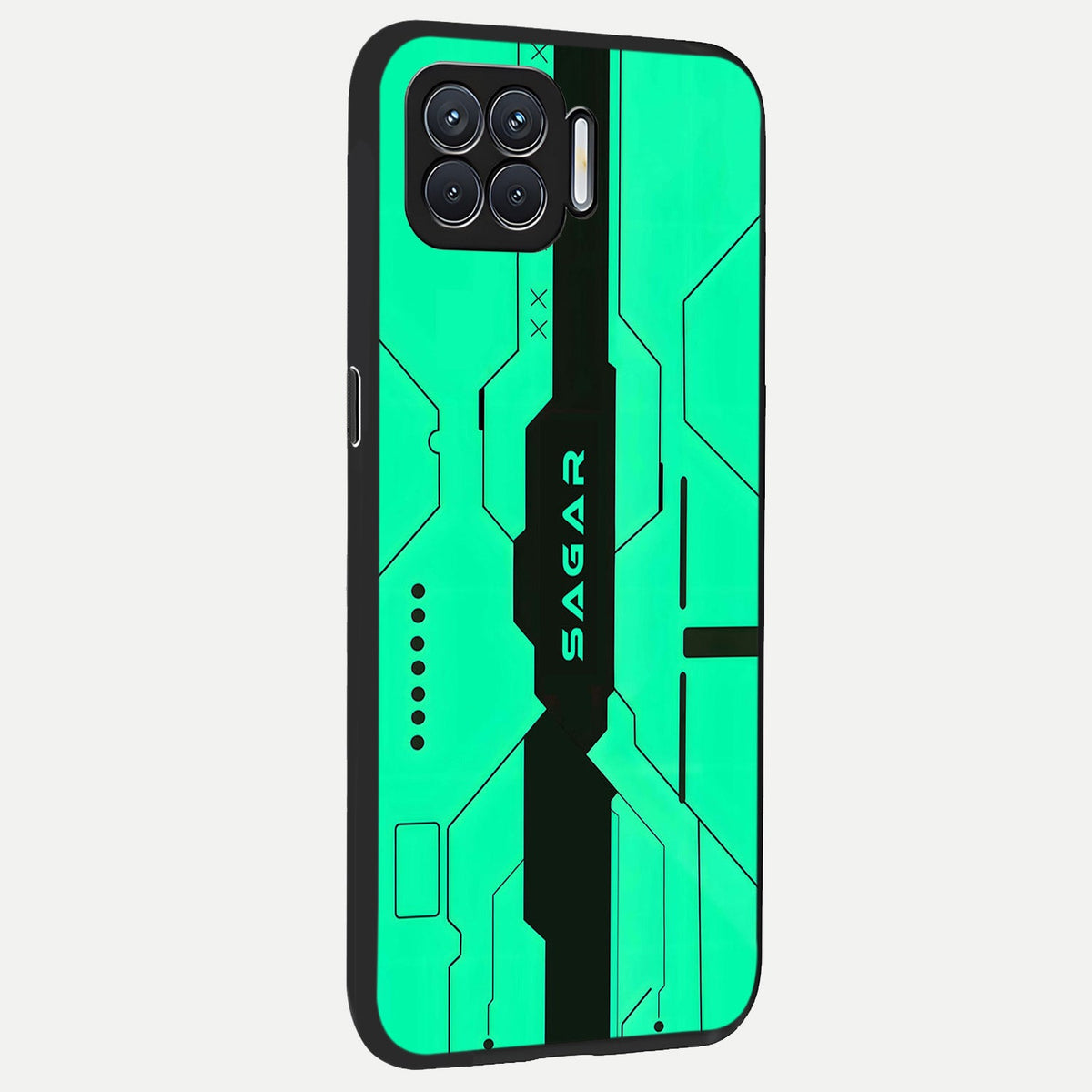  Aqua Tech CYBERPUNK Custom Name back cover For Oppo F17 slim fit glass case with vibrant aesthetic design