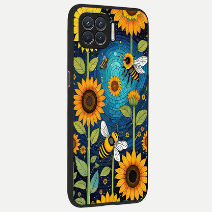  Bees And Sunflowers back cover For Oppo F17 slim fit glass case with vibrant aesthetic design