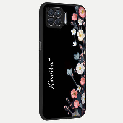  Black Elegance Floral Custom Name back cover For Oppo F17 slim fit glass case with vibrant aesthetic design